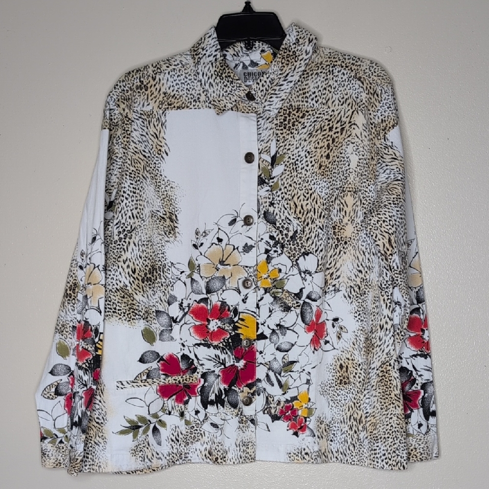 Chico's Design Floral Animal Print Button-Up Shirt Jacket  Shacket Y2K Sz 3/16XL